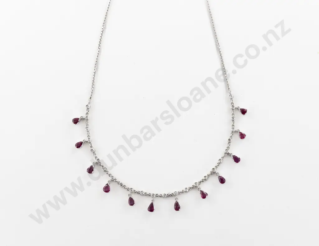 18ct White Gold 37Stone Ruby and Diamond Necklace Image 1++