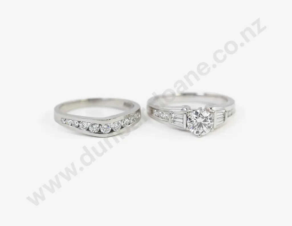 All Platinum Solitaire Diamond Ring with Curve Diamond Wedding Band Image 1++