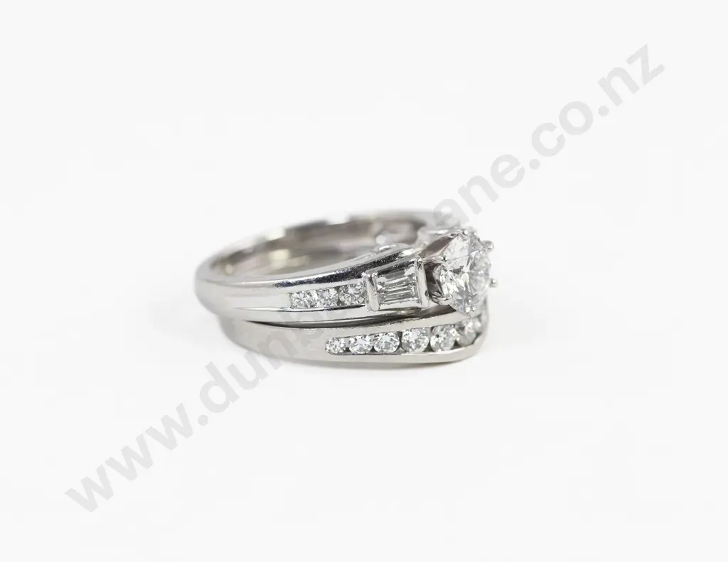 All Platinum Solitaire Diamond Ring with Curve Diamond Wedding Band Image 1++