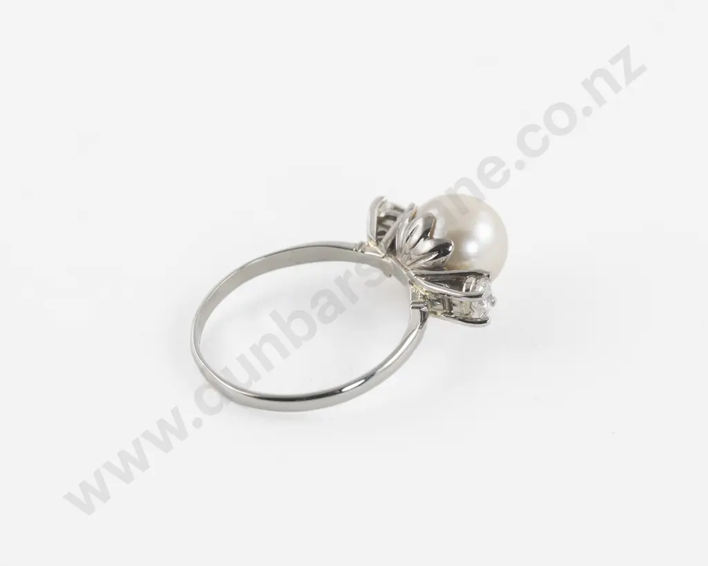 14ct White Gold Cultured Pearl and Diamond Bridge Ring Image 1++