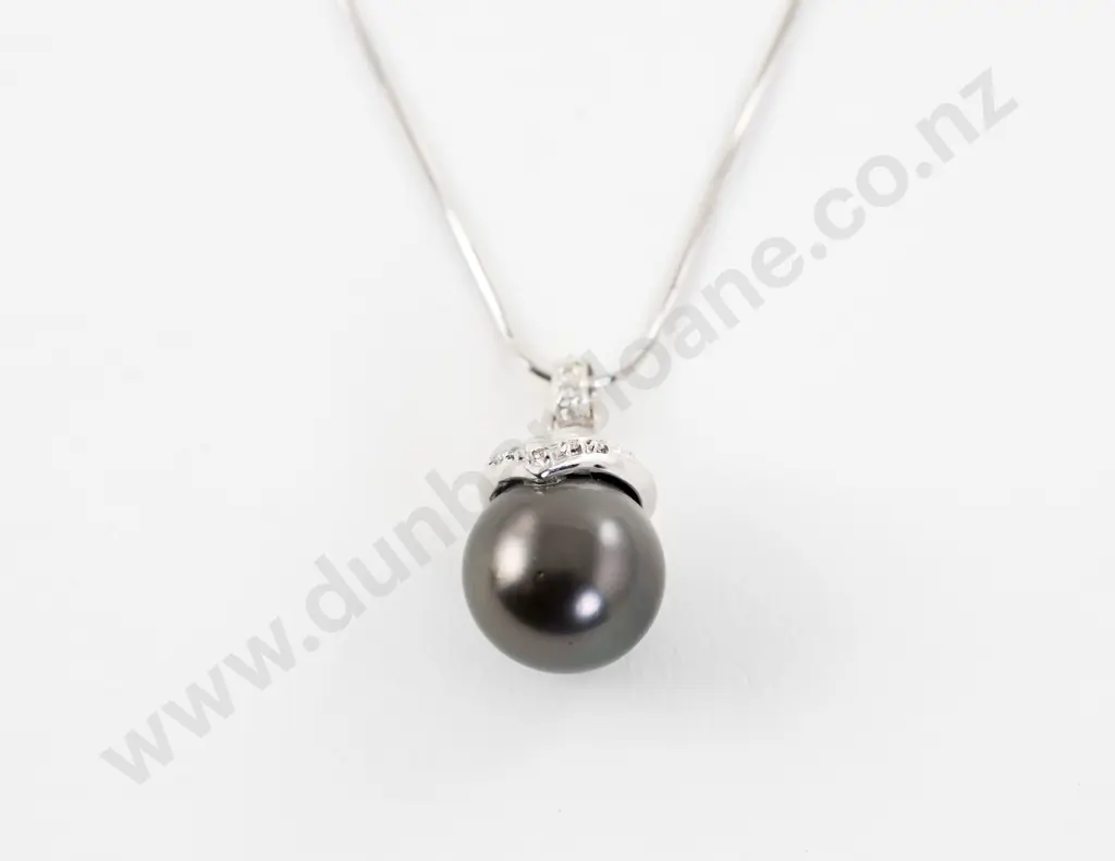 14ct White Gold Single Black Cultured Pearl and Diamond Pendant Image 1++