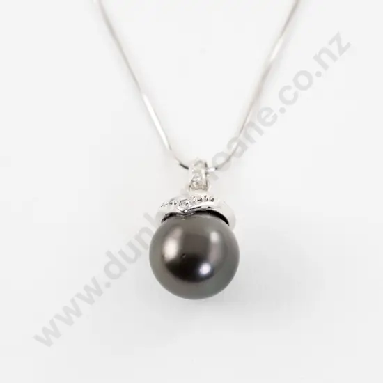 14ct White Gold Single Black Cultured Pearl and Diamond Pendant