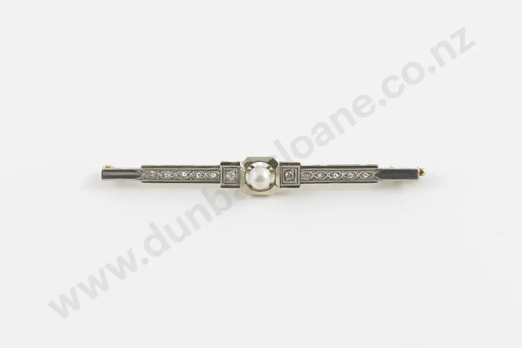 Art Deco Period 14ct White and Gold Pearl and Diamond Bar Brooch Image 1++