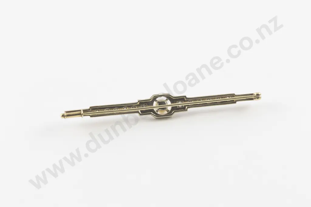 Art Deco Period 14ct White and Gold Pearl and Diamond Bar Brooch Image 1++