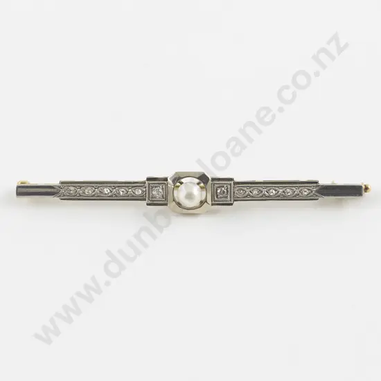 Art Deco Period 14ct White and Gold Pearl and Diamond Bar Brooch