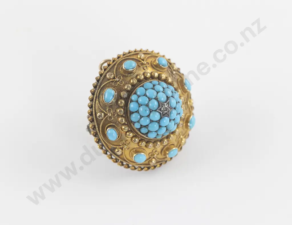 Victorian 15ct Turquoise and Single Diamond Target Brooch Image 1++