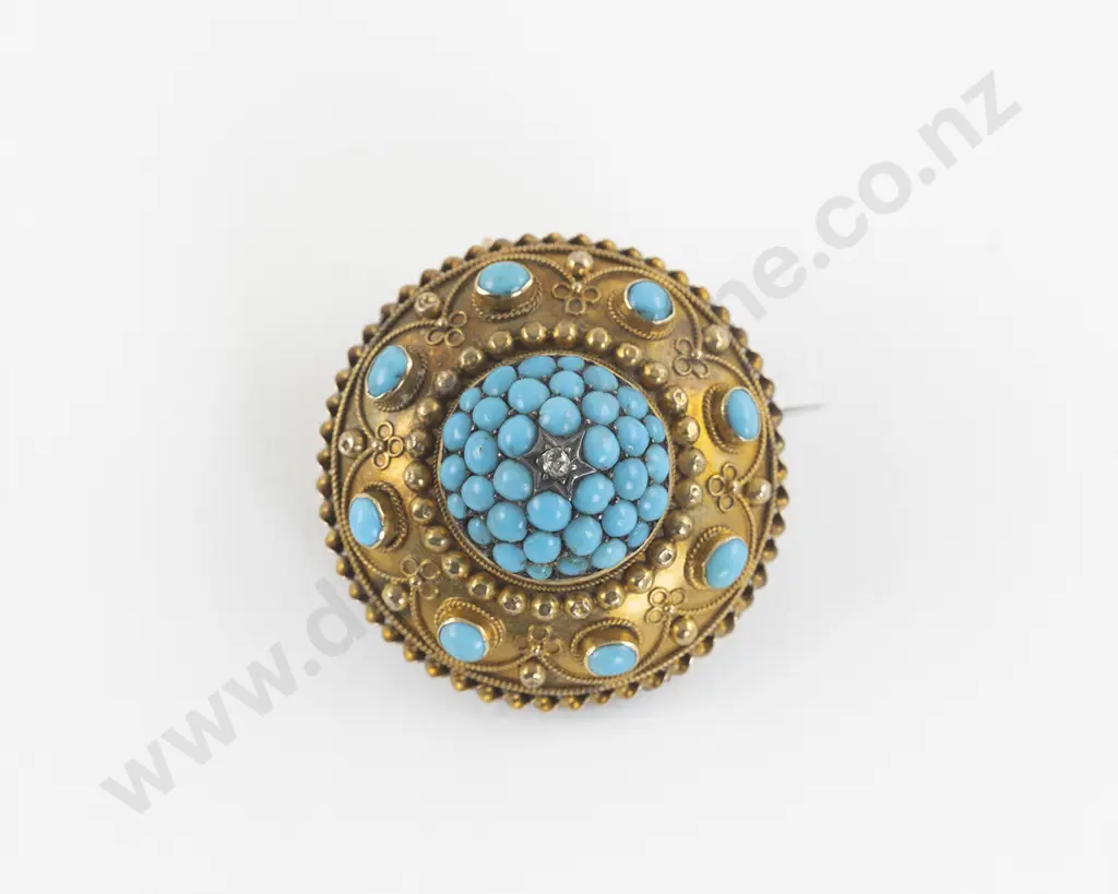Victorian 15ct Turquoise and Single Diamond Target Brooch Image 1++