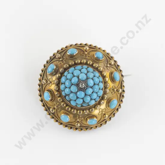Victorian 15ct Turquoise and Single Diamond Target Brooch