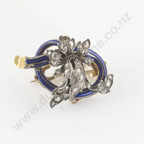 Victorian Gold 30Stone Diamond and Enamel Leaf Scroll Brooch