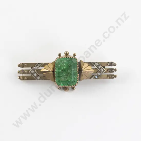 Edwardian 9ct Single Emerald and Seed Pearl Bar Brooch