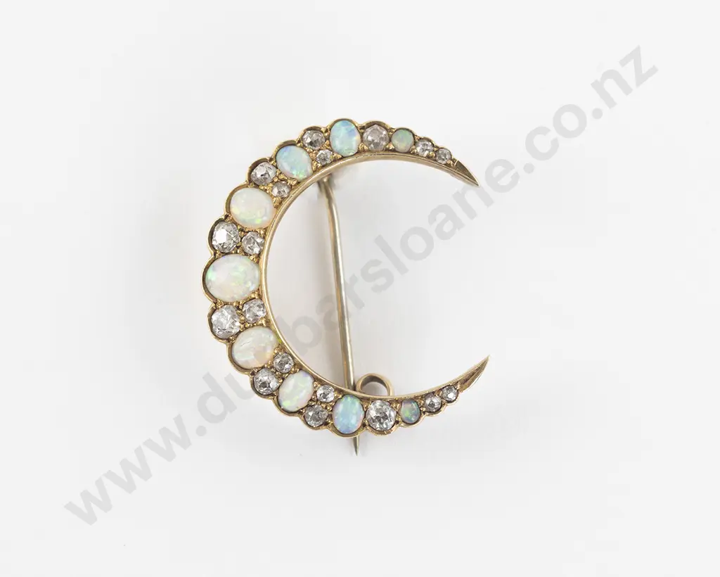 Victorian 15ct 27Stone Diamond and Opal Crescent Brooch Image 1++