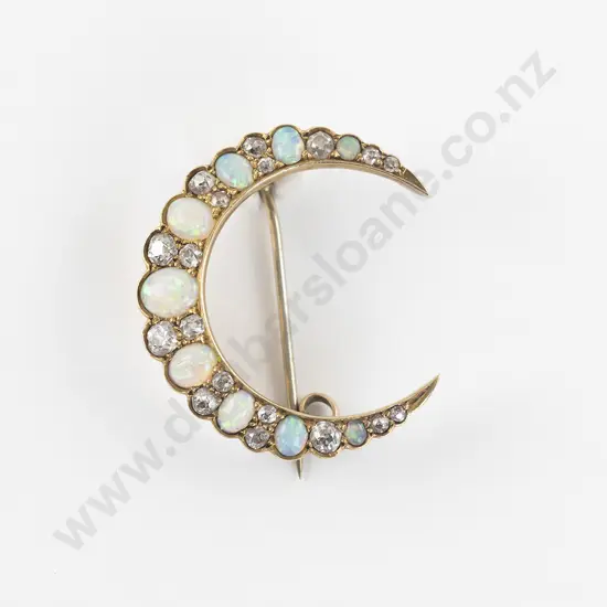 Victorian 15ct 27Stone Diamond and Opal Crescent Brooch