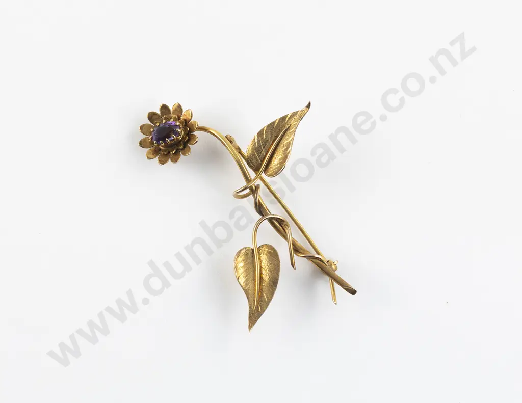 Mid C20th 9ct Single Amethyst Flower Stem Brooch Image 1++
