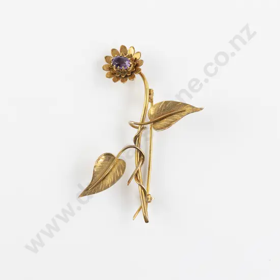 Mid C20th 9ct Single Amethyst Flower Stem Brooch