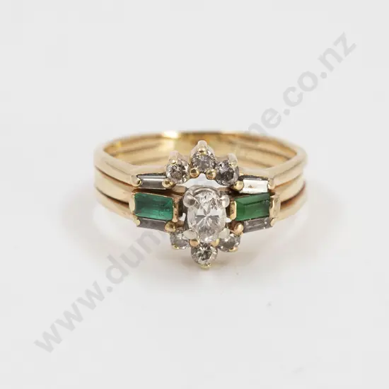 14ct Eleven Stone Diamond and Emerald Ring