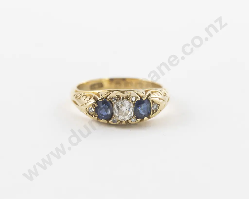Victorian 18ct Three Stone Sapphire and Diamond Bridge Ring Image 1++