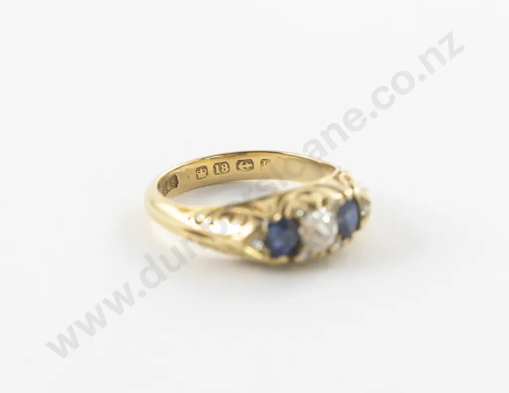 Victorian 18ct Three Stone Sapphire and Diamond Bridge Ring Image 1++