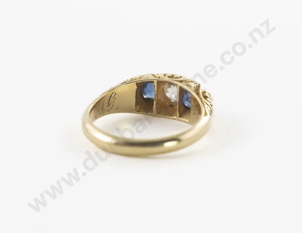 Victorian 18ct Three Stone Sapphire and Diamond Bridge Ring Image 1++