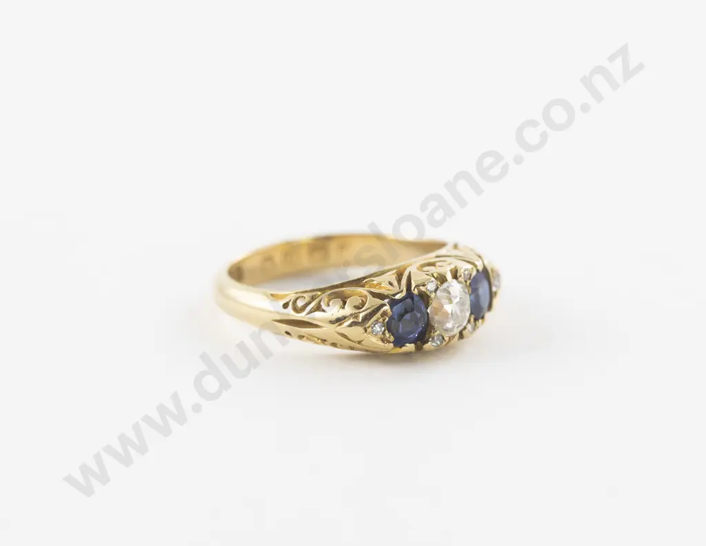 Victorian 18ct Three Stone Sapphire and Diamond Bridge Ring Image 1++
