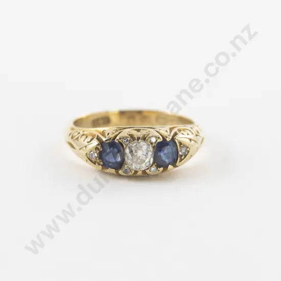 Victorian 18ct Three Stone Sapphire and Diamond Bridge Ring