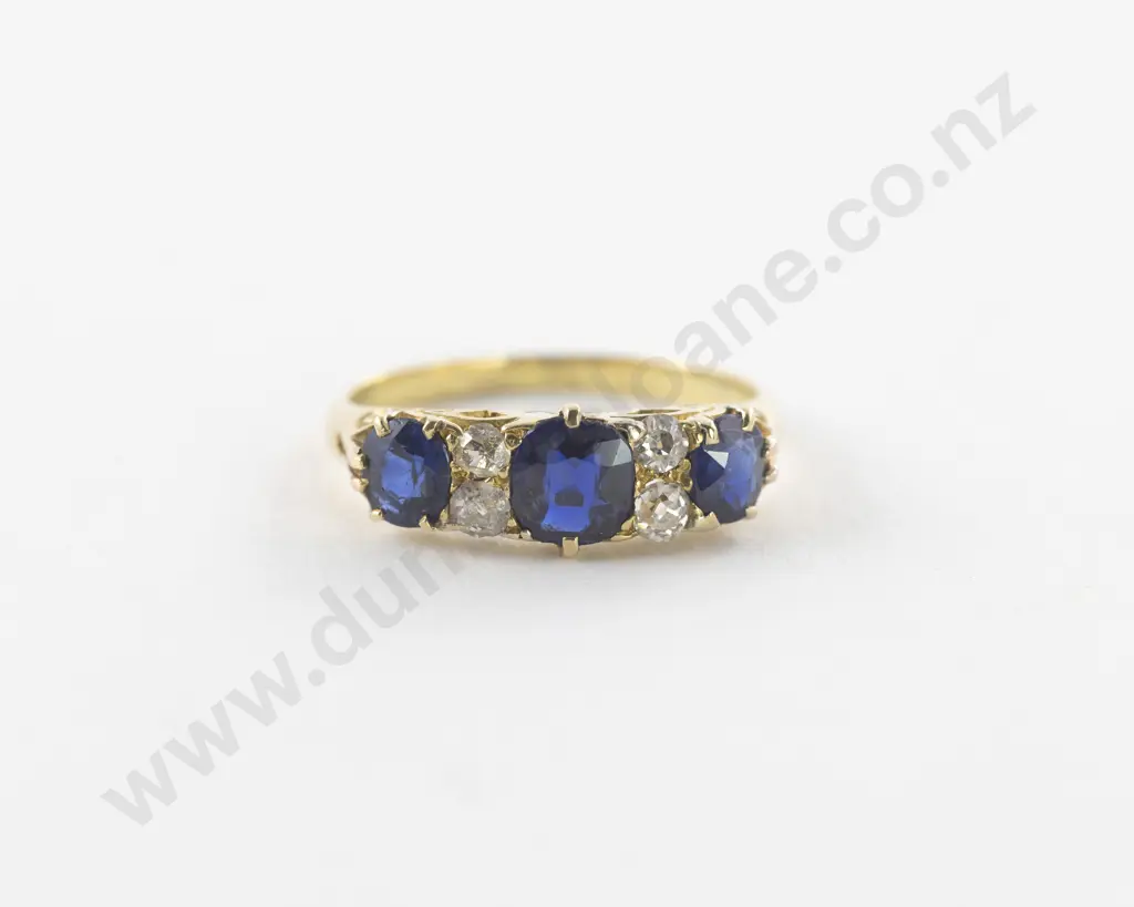 Victorian 18ct Seven Stone Sapphire and Diamond Bridge Ring Image 1++