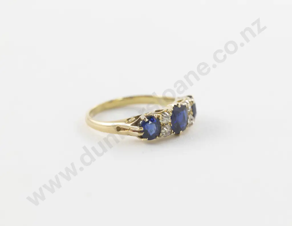 Victorian 18ct Seven Stone Sapphire and Diamond Bridge Ring Image 1++
