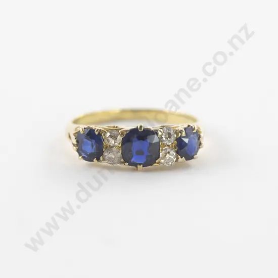 Victorian 18ct Seven Stone Sapphire and Diamond Bridge Ring