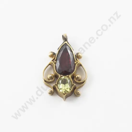 Victorian 15ct Garnet and Peridot Scroll Pendant