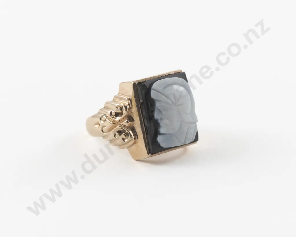 9ct Rose Gold Onyx Classical Portrait Cameo Gents Ring Image 1++