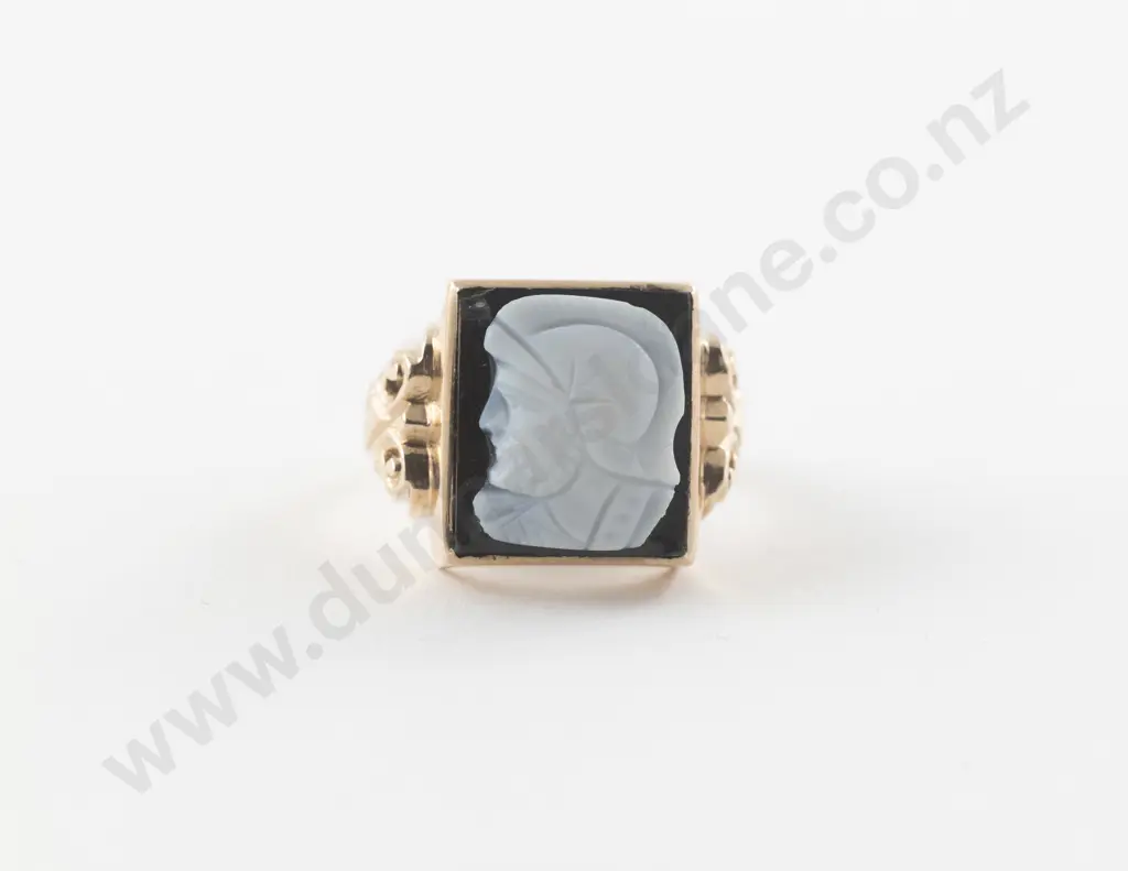 9ct Rose Gold Onyx Classical Portrait Cameo Gents Ring Image 1++