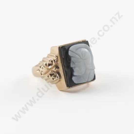 9ct Rose Gold Onyx Classical Portrait Cameo Gents Ring