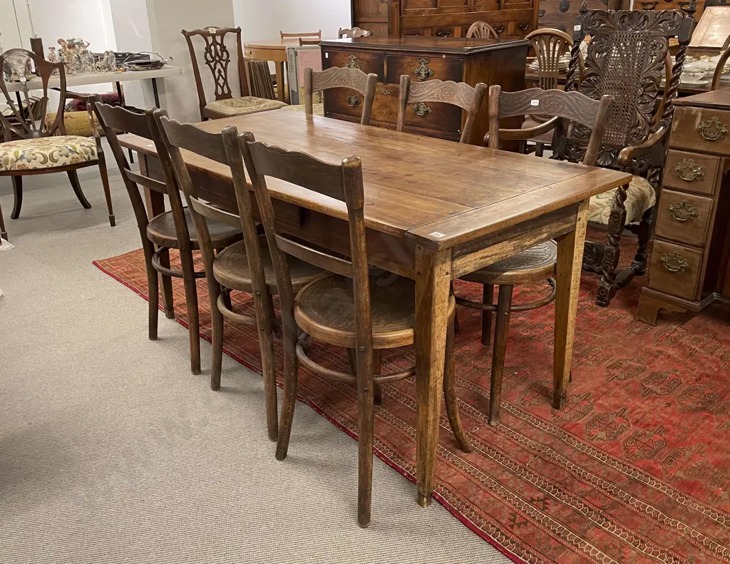 Small C19th French Provincial Fruitwood Dining Table & 8 Bentwood Chairs Image 1++
