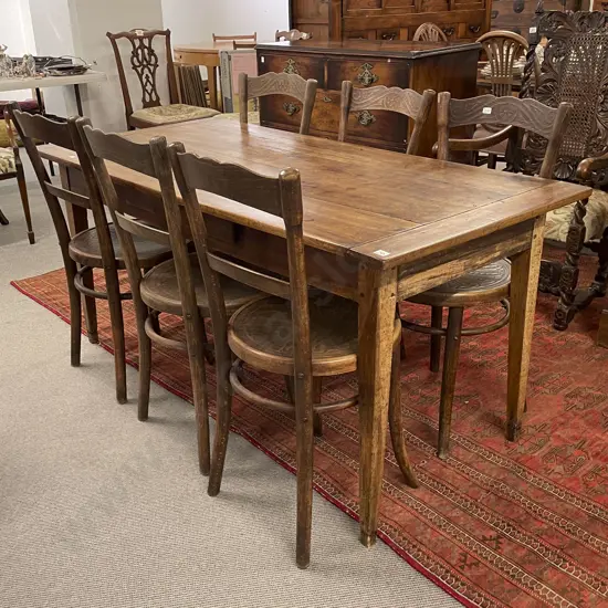 Small C19th French Provincial Fruitwood Dining Table & 8 Bentwood Chairs