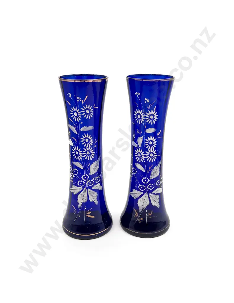 Pair of Hand-Painted Blue Glass Vases Image 1++