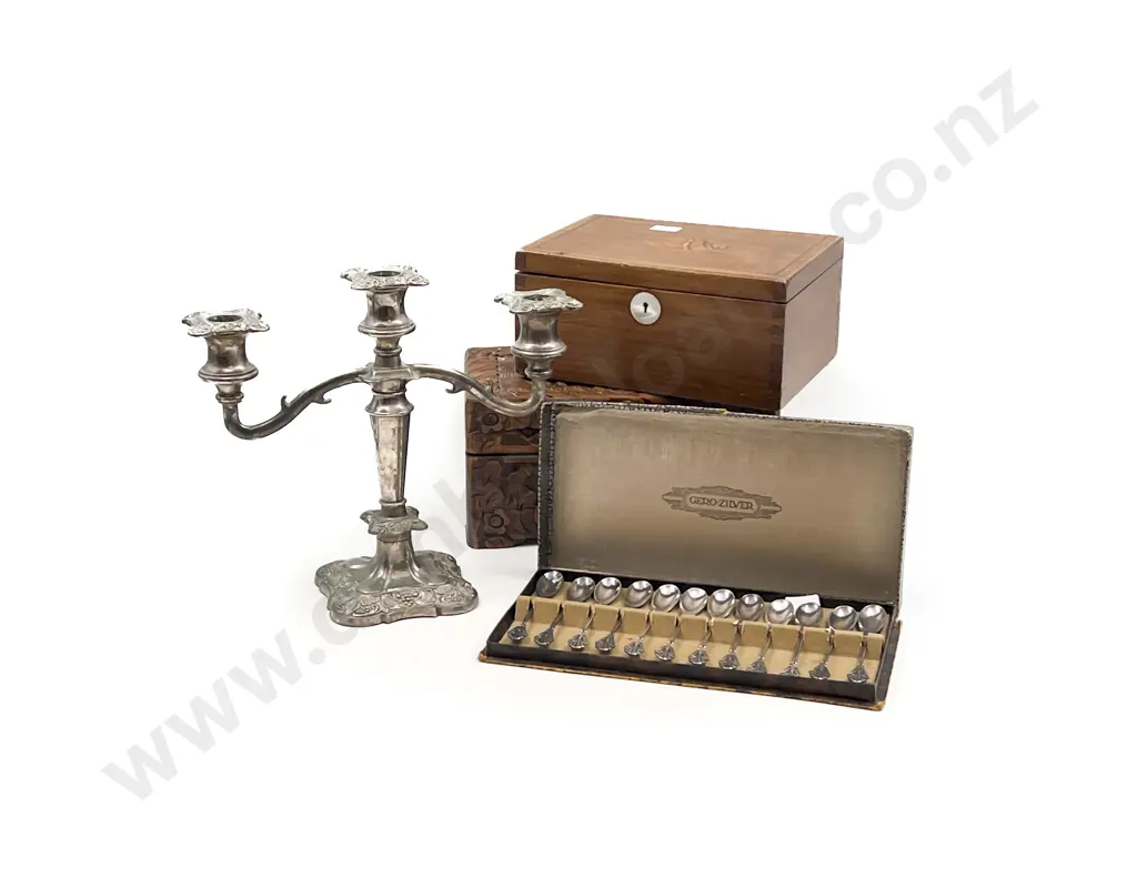 Small Carved Camphor Jewellery Box with Boxed Cutlery and Candelabra Etc. Image 1++