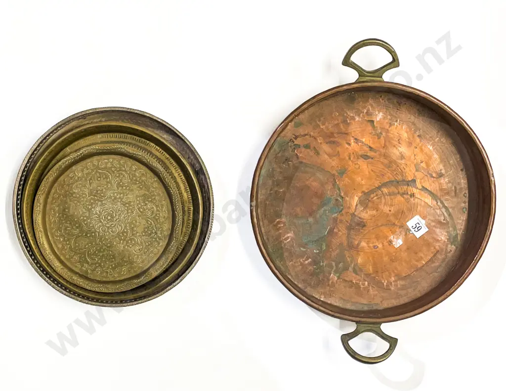 Copper Double Handled Pan & Assorted Brass Trays etc Image 1++