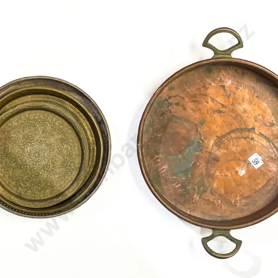 Copper Double Handled Pan & Assorted Brass Trays etc