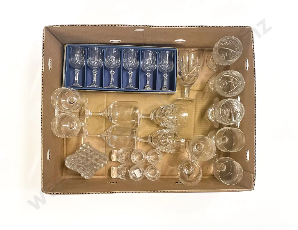 Two Boxes of Assorted Crystal & Glassware together with Part Dinnerset Image 1++
