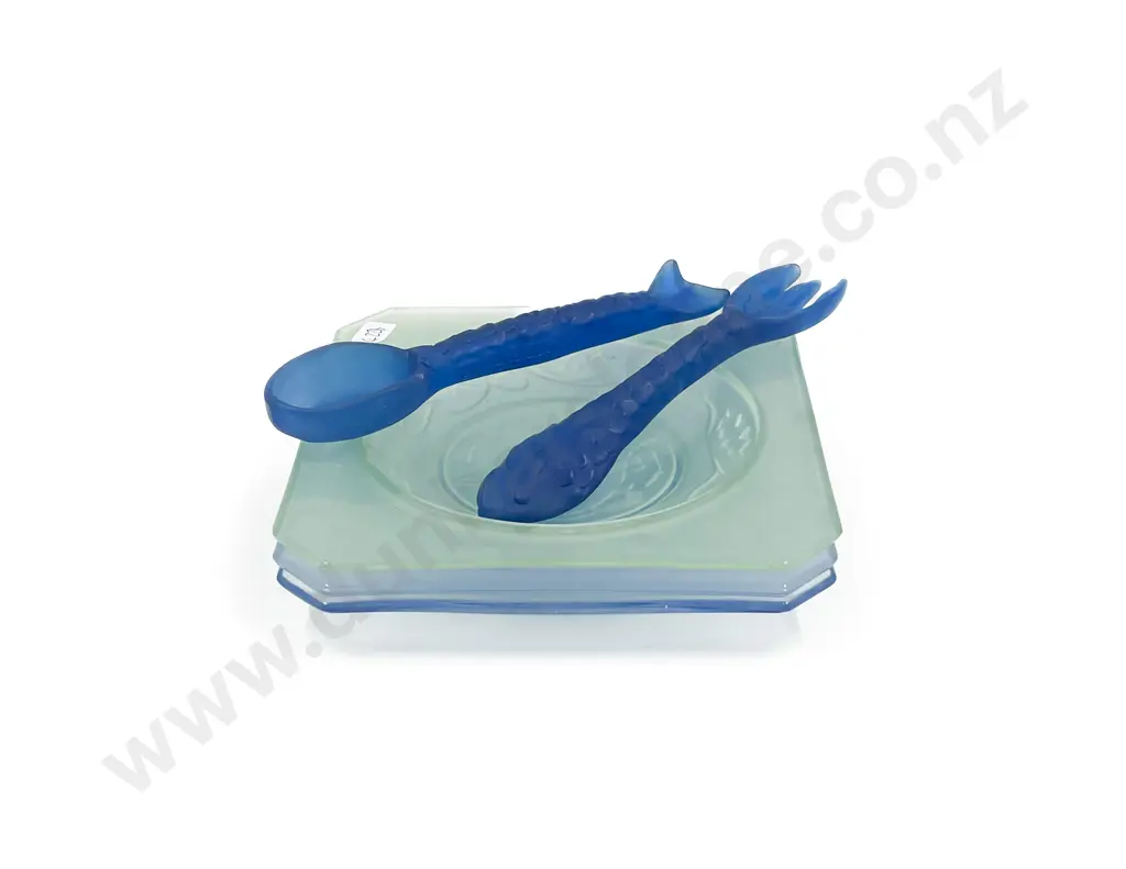 Three Pressed Glass Shallow Dishes together with Resin Salad Servers Image 1++