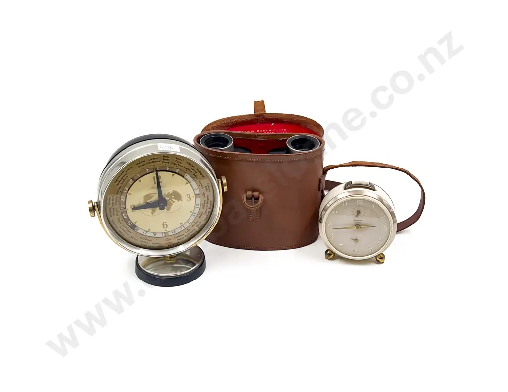 Vintage World Clock together with Alarm Clock & Cased Binoculars Image 1++