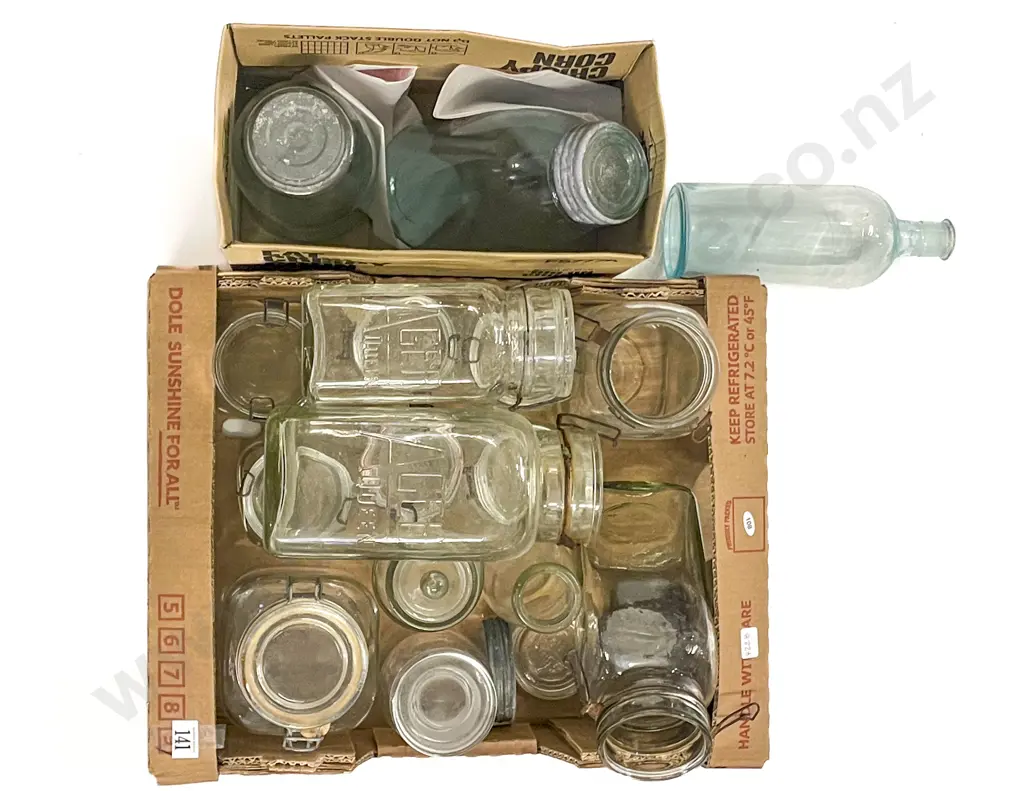Two Boxes of Assorted Vintage Agee Glass Jars etc Image 1++