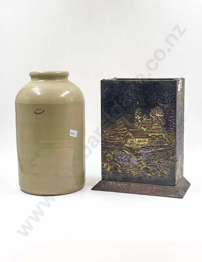 Timaru Potteries Stoneware Crock together with Embossed Brass Fireside Stand Image 1++