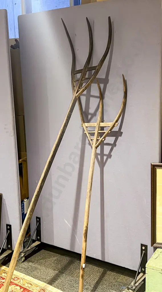 Two Vintage Wooden Pitch Forks Image 1++