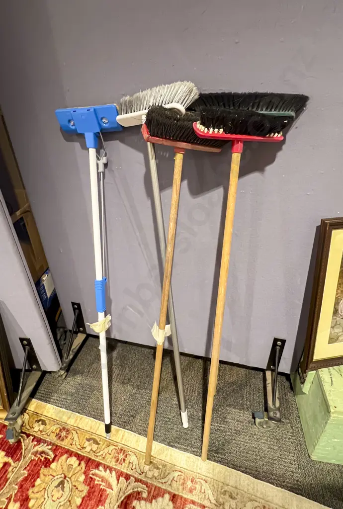 Three Garden Shovels and Bundle of Assorted Brooms etc Image 1++