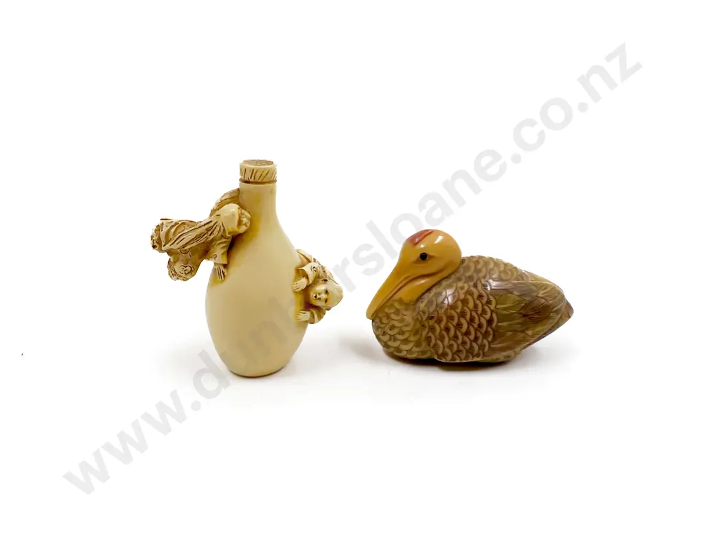 Resin Netsuke of Sake Bottle & Pelican Image 1++