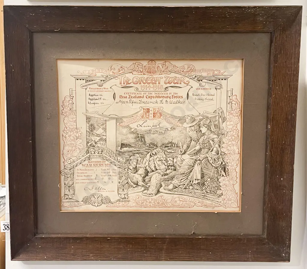 New Zealand Expeditionary Forces Certificate "The Great War 1914-1918" Image 1++