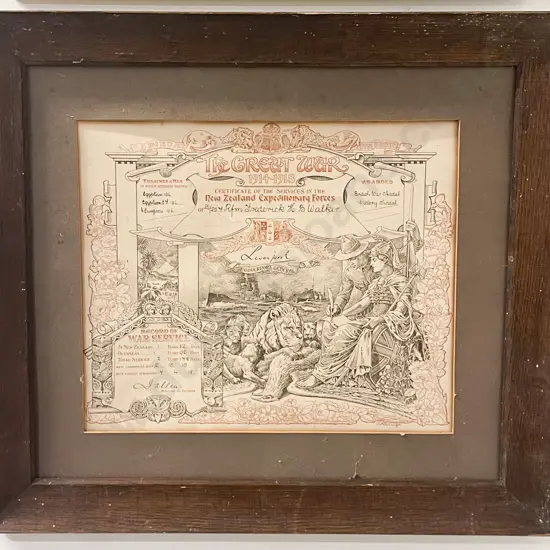 New Zealand Expeditionary Forces Certificate "The Great War 1914-1918"