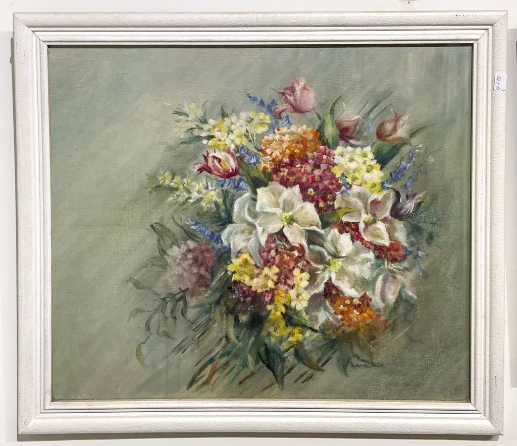 Indistinctly Signed Vintage Floral Still Life Oil on Board Image 1++