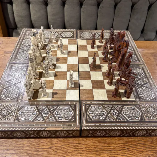 Vintage Ivory Chess Set With Inlaid Board/Box
