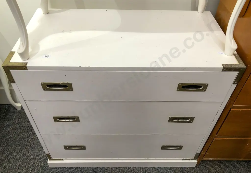 White Campaign Style Three Drawer Chest Image 1++